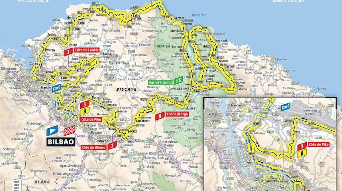 Imagen del recorrido del Grand Départ Pays Basque 2023 con la ampliación enfocada en la zona de Bilbao